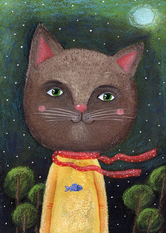 Paintings Fabulous cat against a night landscape