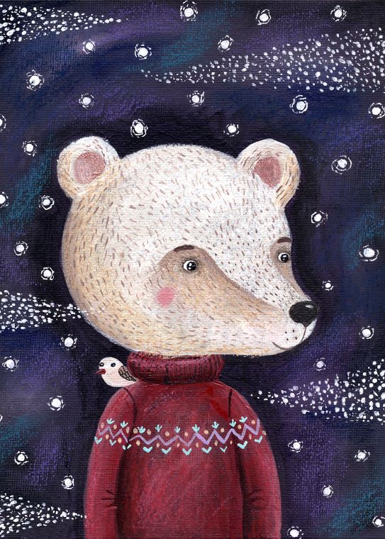Reproduction paintings Polar bear in Burgundy sweater with a bird