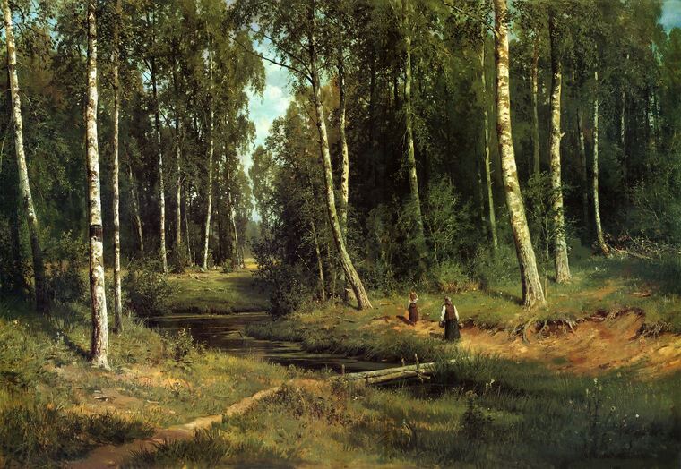 Картины A stream in a birch forest