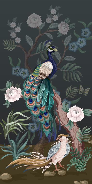 Paintings Peacock on a tree with peonies