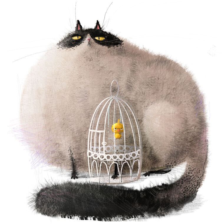 Paintings Cartoon cat and bird in a cage