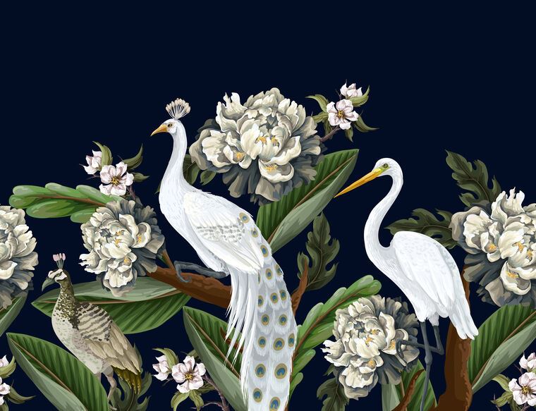 Картины Heron and peacock with peonies on a dark background