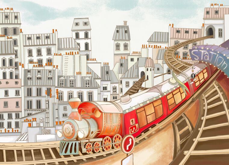 Репродукции картин Colorful train on the background of the city