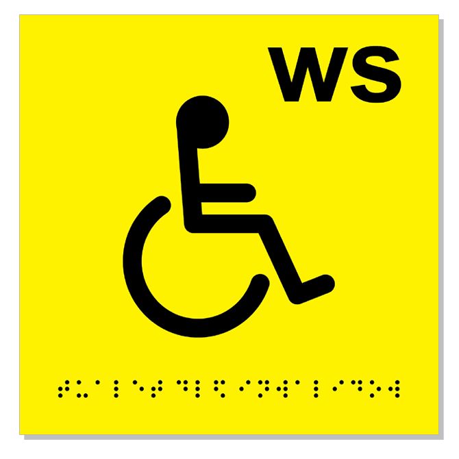 Tactile signs, mnemonic signs with Braille Toilet Braille text on yellow background