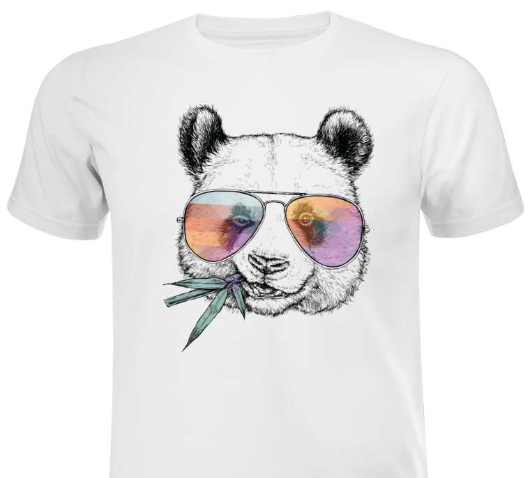 T-shirts, T-shirts Panda in colored glasses with a bamboo branch