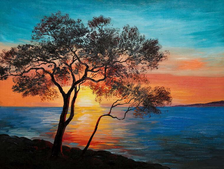 Paintings A tree by the lake at sunset