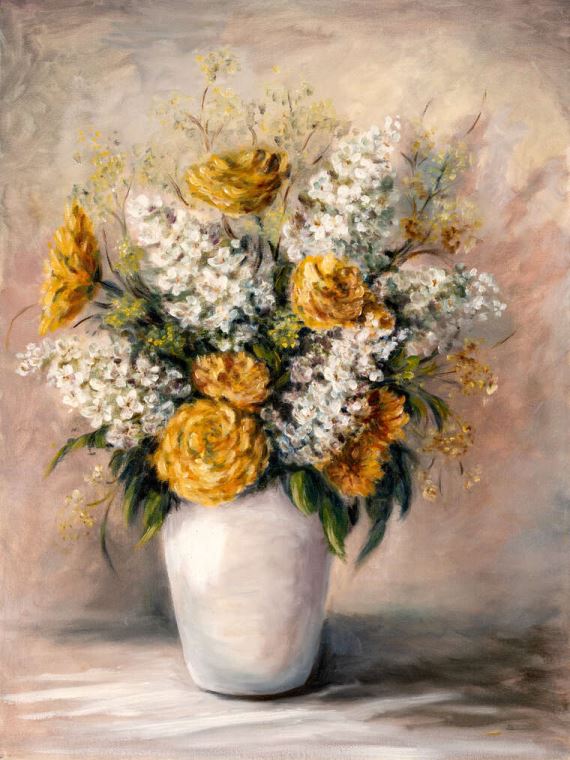 Репродукции картин Оранжевые хризантемы и сирень в белой вазе