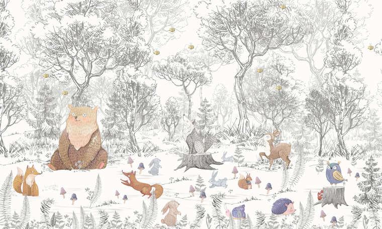 Репродукции картин Черно-белый лес с милыми животными