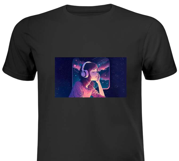 Майки, футболки Аниме девушка на фоне космоса слушает музыку