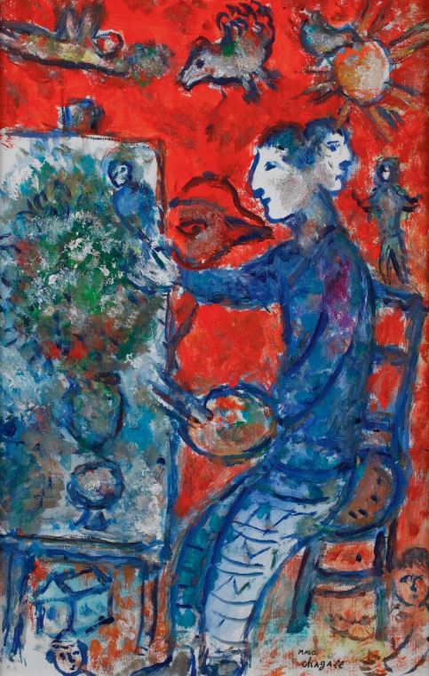 Картины Marc Chagall Eintre Au Double-profil Sur Fond Rouge