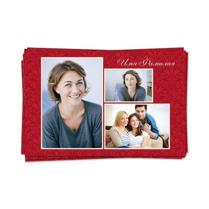 Photo cards with text Rectangular Red-beige with roses