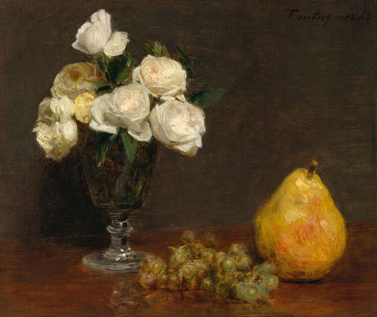 Картины Still life with roses and fruit (Henri Fantin-Latour)