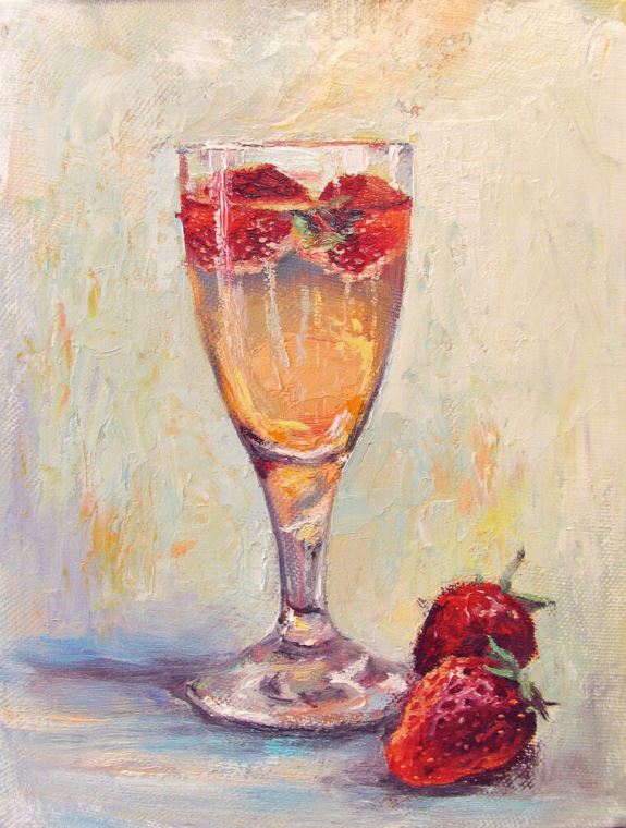 Paintings A glass of champagne with strawberries