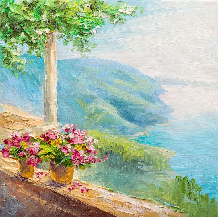 Paintings Sea landscape with flowers