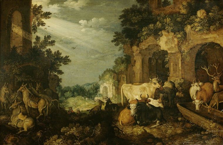 Картины Landscape with ruins, cattle and deer