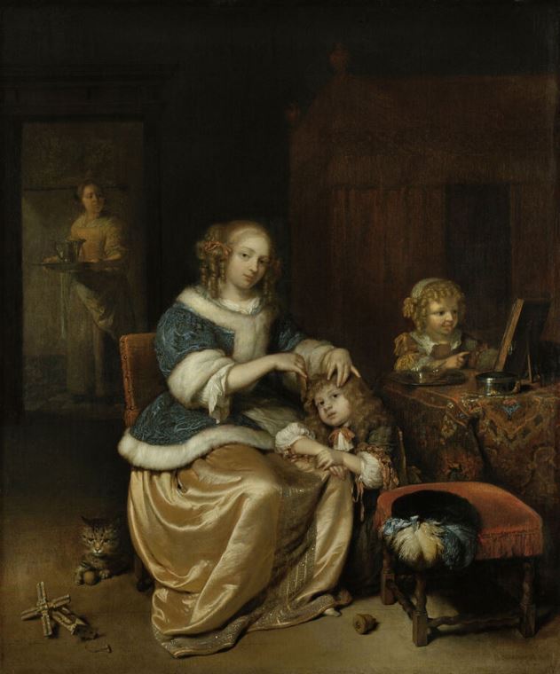 Картины Interior with a mother combing child's hair (Caspar Netscher)
