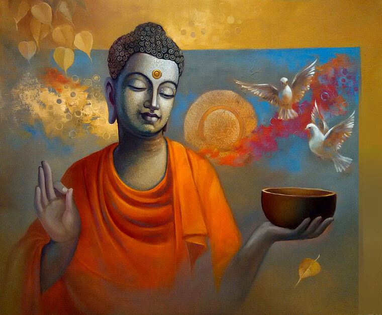 Paintings Buddha and doves