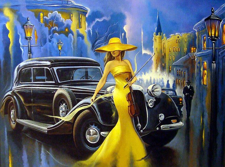 Купить и печать на заказ Репродукции картин Девушка в желтом платье и ретро автомобиль