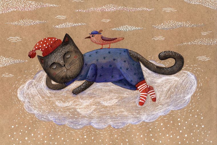 Paintings A cat in pajamas, cap and socks