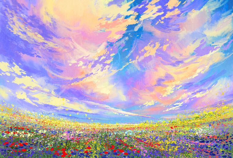 Paintings Beautiful sky over a field of flowers