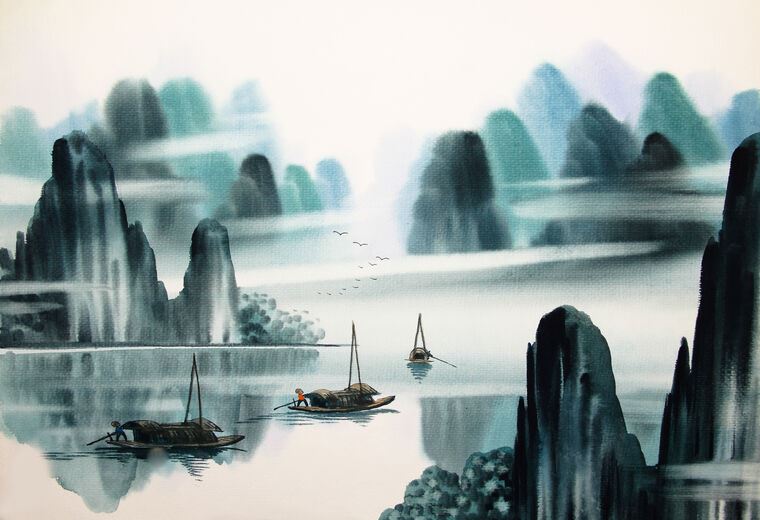 Paintings Chinese landscape with boats