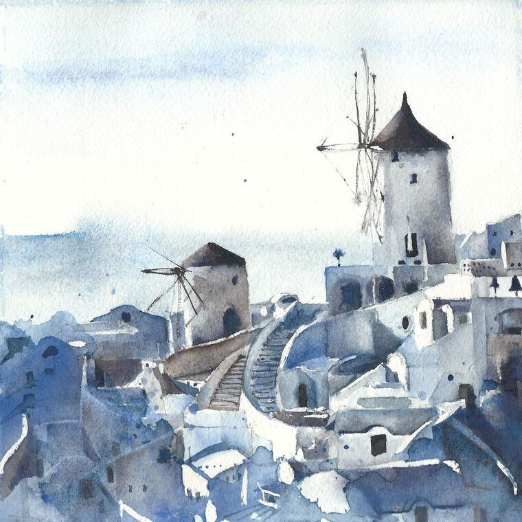 Картины Watercolor painting of Santorini, Greece