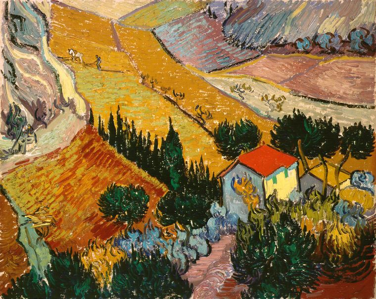 Картины Landscape with house and Plowman (Vincent van Gogh)