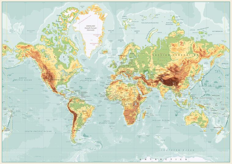 Картины Physical map of the world in English