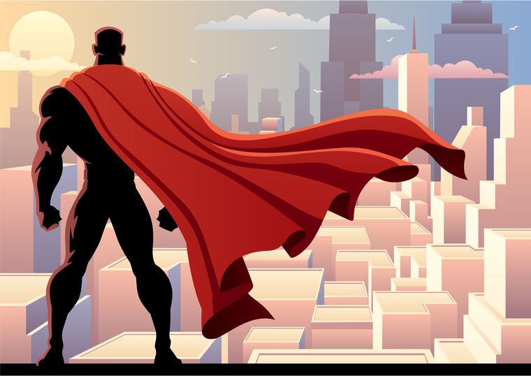 Купить и печать на заказ Картины Супергерой смотрит на город