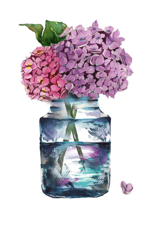 Paintings Watercolor hydrangeas in a glass bottle