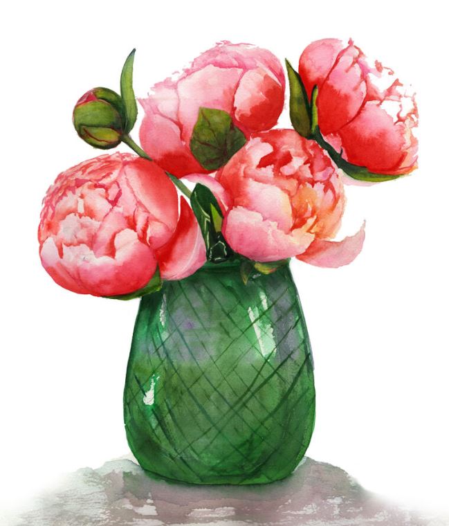 Paintings Watercolor peonies in a vase