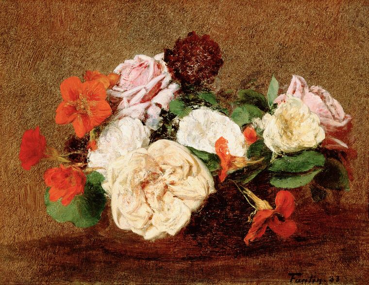 Картины Roses and nasturtiums in a vase (Henri Fantin-Latour)