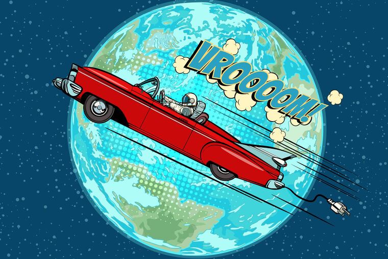 Купить и печать на заказ Репродукции картин Ретро автомобиль на фоне планеты