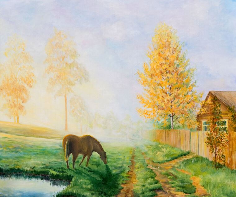 Купить и печать на заказ Репродукции картин Сельский пейзаж с лошадью