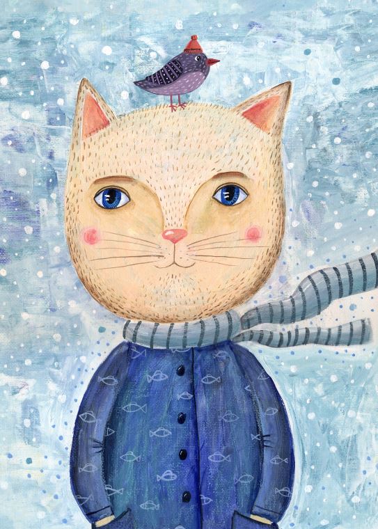 Купить и печать на заказ Репродукции картин Портрет кота с птицей на голове