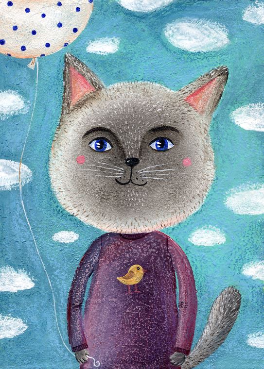Купить и печать на заказ Репродукции картин Сказочный кот с воздушным шаром и птичкой