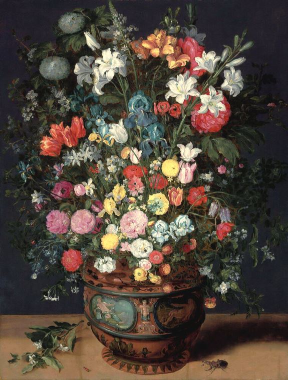 Картины Лилии, ирисы, тюльпаны розы, первоцветы и пионы в вазе, украшенной фигурами Цереры и Амфитриты