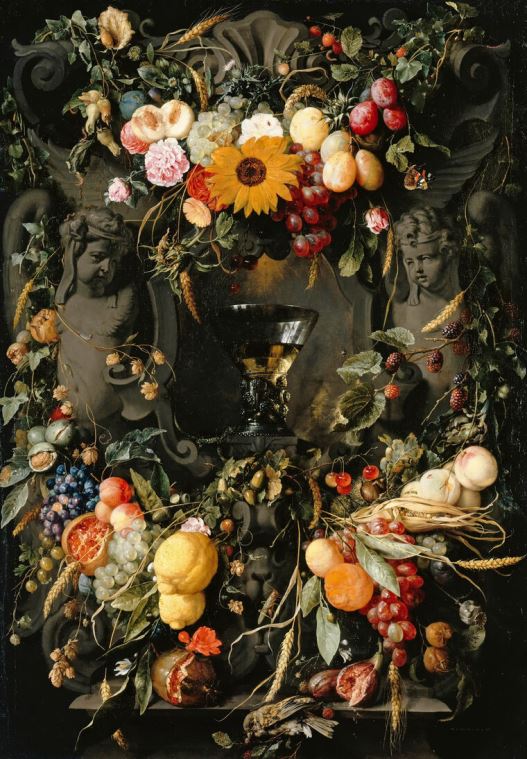 Репродукции картин Бокал вина в цветочных и фруктовых гирляндах