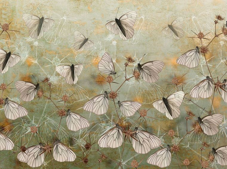 Репродукции картин Бабочки на стене-гранж зеленого цвета