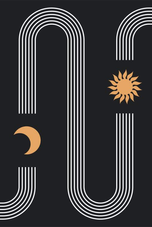 Картины Линейная абстракция луна и солнце на темном фоне