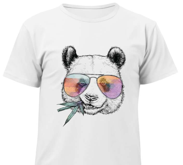 Майки, футболки детские Панда в цветных очках с бамбуковой веткой