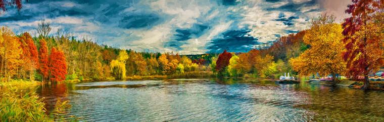 Картины Цифровой осенний пейзаж лесного озера