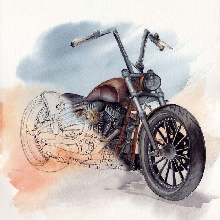Репродукции картин Акварельная иллюстрация винтажного мотоцикла