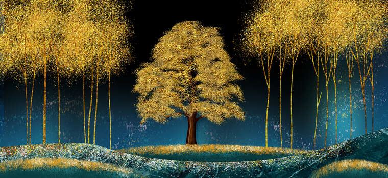 Картины на фотобумаге Golden trees on a blue background