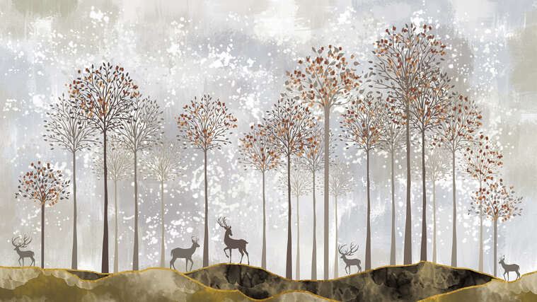 Репродукции картин Олени и лес на живописном фоне