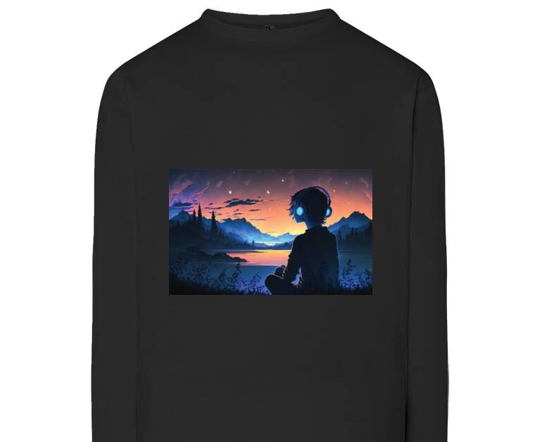 Лонгсливы Anime guy listening to music on the background of a landscape