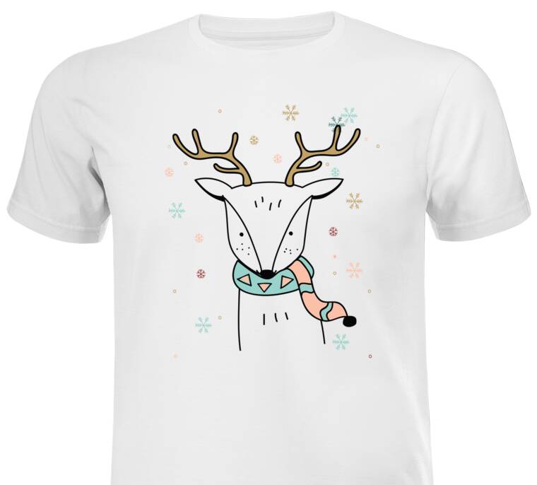 Майки, футболки белые  Олень в снежинках