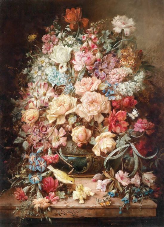 Картины на пластике, пеноркартоне Большой цветочный натюрморт с бабочками и птицами