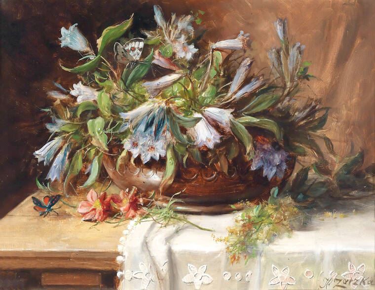 Картины в рамке, багете Горечавки в керамической вазе