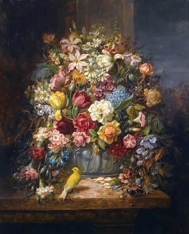 Картины, фото с паспарту Floral still life with a canary and butterflies